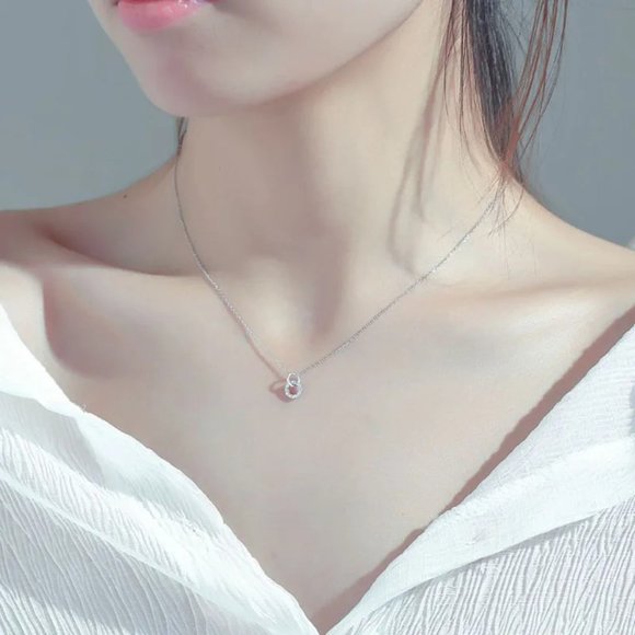 NEW Silver Shiny Zircon Double Circle Pendant Necklace - Picture 3 of 4